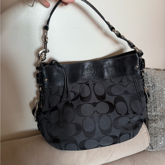 Coach Handbags - Coach Black Signature Shoulder Bag with Leather Trim